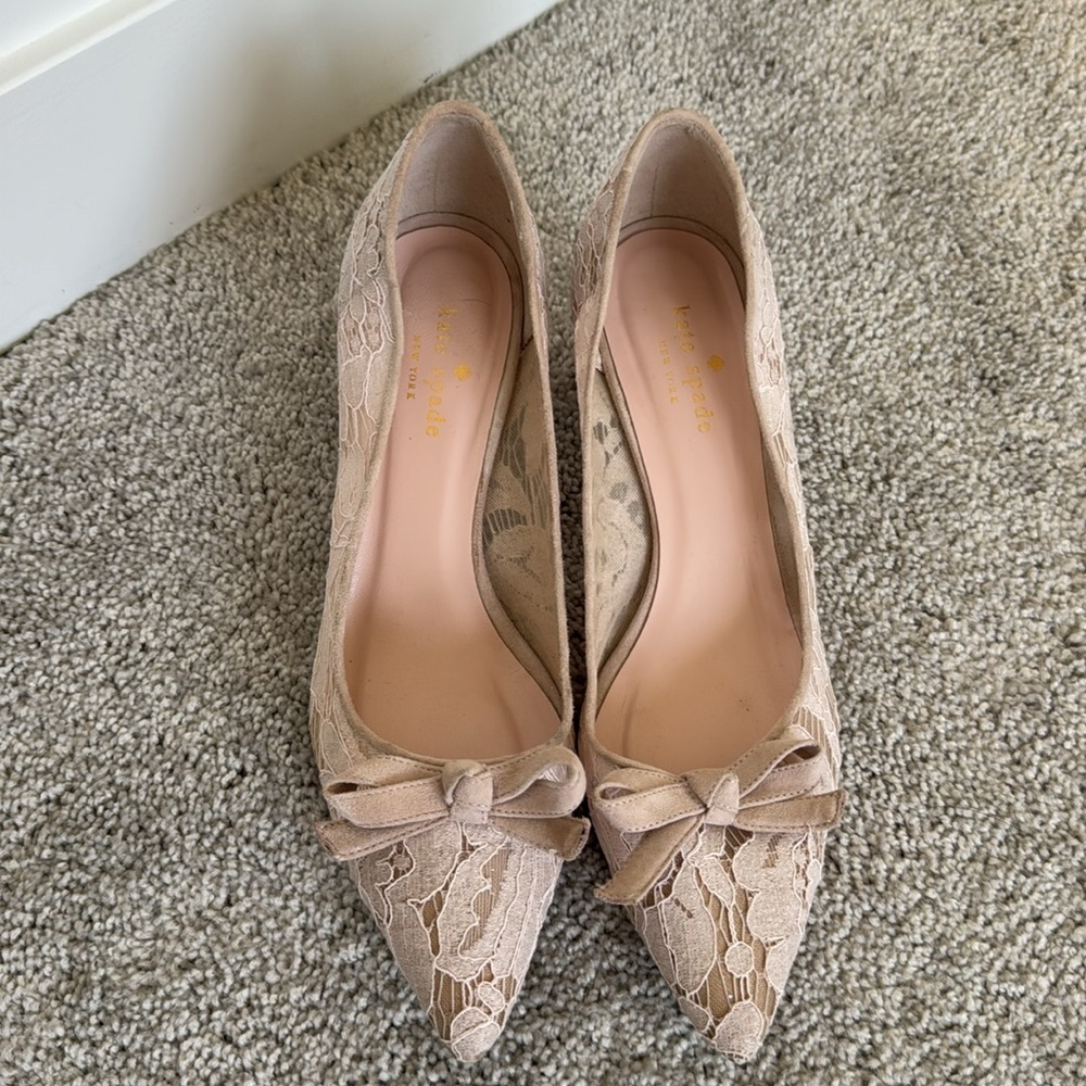 Kate Spade Lace Bow Block Heels in Cream Tan Spring Easter